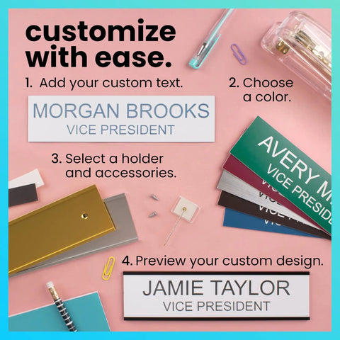 Custom Name Plate for Desk or Door With 14 Color Options 2 by 8 Inches Easy to Personalize shown with color samples and holders.