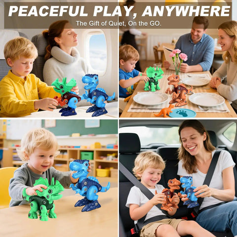 Children playing with Take Apart Dinosaur Toys For Kids Aged 3 To 8 STEM Construction Building Kit with family in various settings.