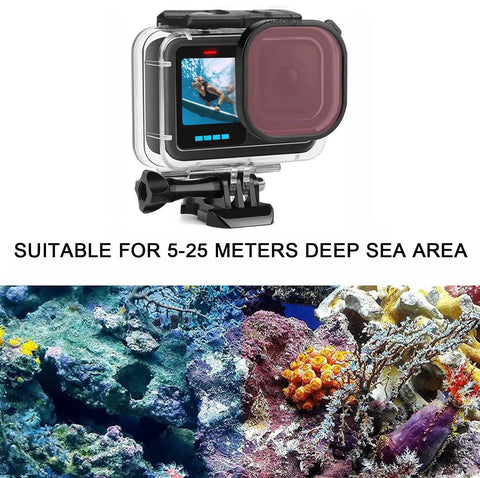 60M Underwater Waterproof Case for GoPro Hero 13 12 11 10 9 Black with 3 Pack Filter shown with coral and sea view