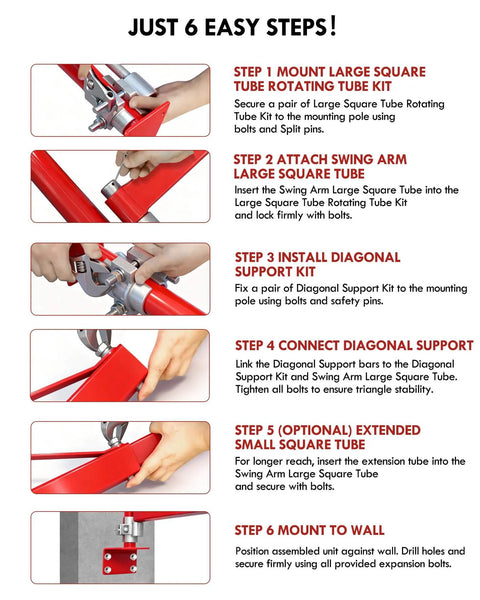 Installation steps for Wall Mount Jib Crane With 1320 Lbs Max Load 180 Degree Swivel Swing Arm, showing components and tools.