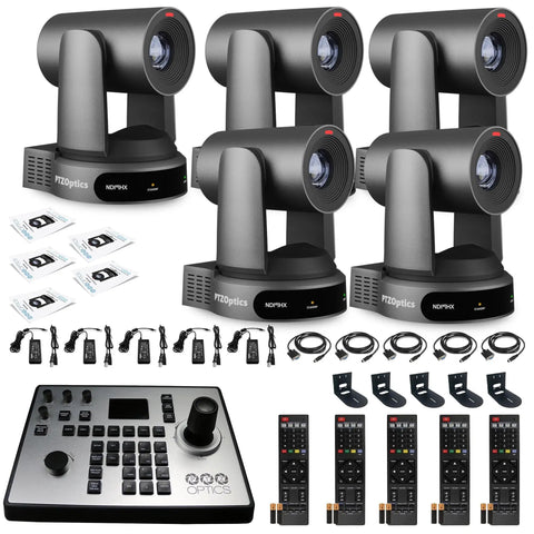 Top Shelf 5 Pack Of 4K PTZ Cameras With 30X Optical Zoom Bundled With A Zero Sweat Joystick Controller And Five Heavy Duty Wall Mounts For Plug And Play Studio Grind.