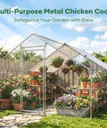 Heavy Duty Metal Chicken Coop With Lockable Door And Waterproof UV Cover, 20x10x6.5 Feet Yard Run shown in a garden setting