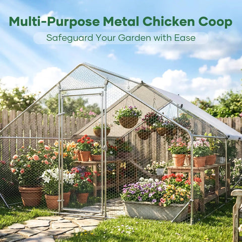 Heavy Duty Metal Chicken Coop With Lockable Door And Waterproof UV Cover, 20x10x6.5 Feet Yard Run shown in a garden setting