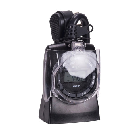 Heavy Duty Outdoor Digital Plug And Play Timer With 15 Amp Capacity And Slick 24 Hour Seven Day Programmable Schedule For Yard Sprinkler And Landscape Lighting Controllers, side view showing buttons and display.
