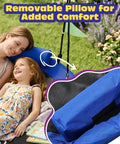 Mother and daughter lying on a Blue 48 Inch Saucer Tree Swing With Straps, Heavy Duty 600 Lb Weight Capacity in backyard with pillow