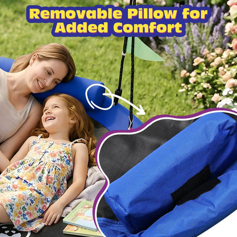 Mother and daughter lying on a Blue 48 Inch Saucer Tree Swing With Straps, Heavy Duty 600 Lb Weight Capacity in backyard with pillow
