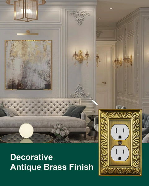 Luxurious living room with decorative antique brass duplex outlet cover plate featuring paisley pattern on wall.