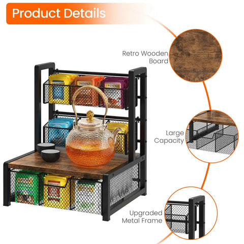 Industrial Rustic Tea Bag Organizer, 3 Tier Wood Storage Box with Drawer, Matte Black Frame with Vintage Wood Grain Finish