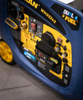 Close-up of control panel on a portable generator with yellow and black details, suitable for AC EMP generator protection for inverters.