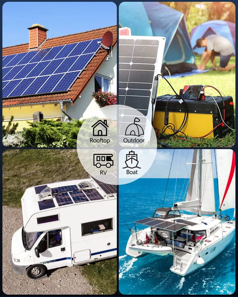 Collage showing uses of Solar Extension Cable Kit 10AWG With Dual Entry Gland And Male And Female Connectors for RV, boat, rooftop, outdoor.