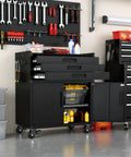 Heavy Duty Metal Rolling Tool Cabinet With Pegboard And 10 Hooks in workshop setup, open drawers and tools displayed on pegboard.