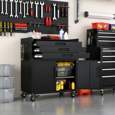 Heavy Duty Metal Rolling Tool Cabinet With Pegboard And 10 Hooks in workshop setup, open drawers and tools displayed on pegboard.