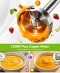Kitchen Beast 1200W Handheld Immersion Blender Kit With Five Must Have Attachments For Quick Soup Blending Smoothie Creation And Baby Food Preparation Featuring No Sweat Speed Control showing stainless steel blending blade and soups.