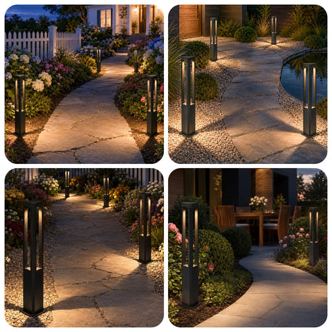 Modern Black LED Pathway Lights Sleek Cone Bollards enhance garden paths with warm glow, heavy-duty aluminum for outdoor use.