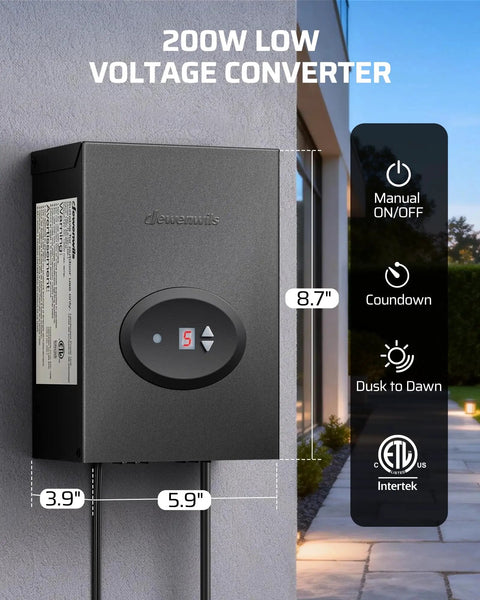 Outdoor Weatherproof 200W Landscape Transformer With Timer And Photocell Sensor 120V AC To 12V AC For LED Path Lights And Spotlights ETL Listed Easy Install Low Voltage Landscape Lighting Power Hub