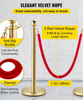 Gold Stanchions With Velvet Ropes Set Of 4, featuring 5ft red velvet ropes, stainless steel posts, and solid concrete base for events.