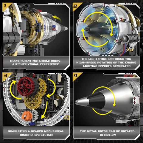 Aircraft Turbojet Engine Building Kit For Grownups, showing transparent parts, simulated rotation, gear system, and rotor motion.