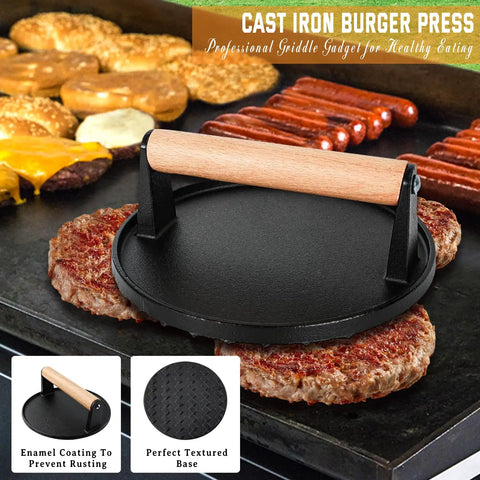 Camping Ready 27 Piece Griddle Accessories Kit For Flat Top Grills With Melting Dome Includes Long Spatula Slotted Spatula Extra Wide Spatula Tongs Burger Press Basting Brush Egg Rings Shakers Squeeze Bottles And More For Outdoor BBQs, featuring a cast iron burger press on a griddle with burgers and sausages.