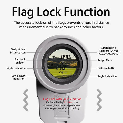 Close-up of Vpro Golf Rangefinder With Pinsensor And Flag Lock, 900 Yards Slope Laser with display showing flag lock function.