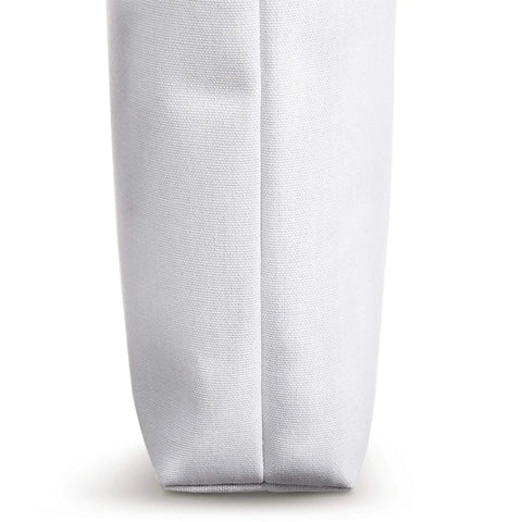 Side view of Awesome Father Dragon Boat Dad Tote Bag, 16x16in white polyester, showing reinforced bottom seam.