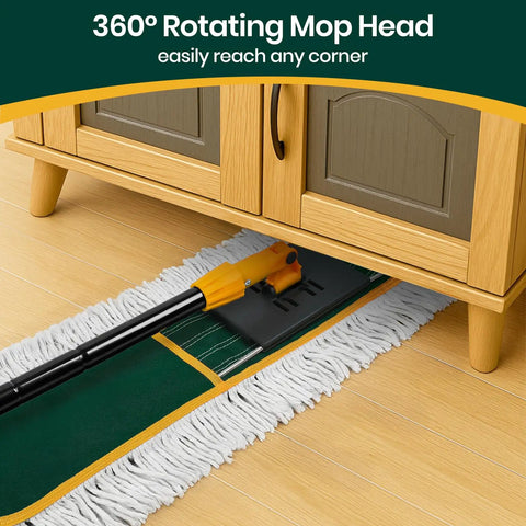360 degree rotating mop head of 36 Inch Commercial Dust Mop With Two Replacement Pads And 60 Inch Handle for hard-to-reach corners.