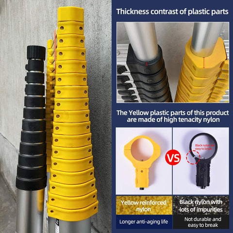 12.5 Foot Telescoping Extension Ladder Heavy Duty Aluminum Alloy With Upgraded Materials showing yellow nylon parts