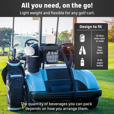 Soft Sided Collapsible Insulated Golf Cart Cooler Bag That Attaches To Cart Basket Or Fender, shown on a golf cart