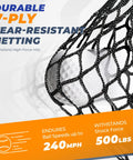 Heavy Duty 10x7 Ft Golf Hitting Net With Side Nets And Back Net Reinforced Steel Frame showing tear-resistant netting with golf ball