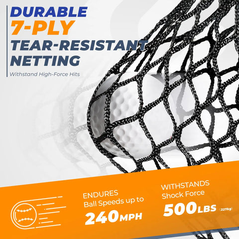 Heavy Duty 10x7 Ft Golf Hitting Net With Side Nets And Back Net Reinforced Steel Frame showing tear-resistant netting with golf ball