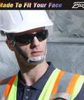 Man wearing Badass Bulk Pack Safety Glasses Polycarbonate Lenses Black Tinted Antiscratch Impact Resistant ANSI Certified Work Eye Protection.