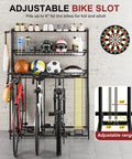 4 Bike Stand Slick Garage Organizer With 3 Tier Storage Rack holding sports equipment and four bikes with adjustable slots