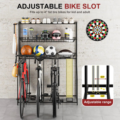 4 Bike Stand Slick Garage Organizer With 3 Tier Storage Rack holding sports equipment and four bikes with adjustable slots
