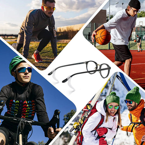 Collage showing Anti Slip Silicone Eyeglass Ear Grips for sports glasses and sunglasses used in various outdoor activities.
