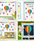 3D Hot Air Balloon Bulletin Board Set With Totally Colorful Name Tags For Back To School Classroom Decor Motivational The Sky Is The Limit Cutouts Cloud Borders And DIY Wall Art Kit displayed in various settings