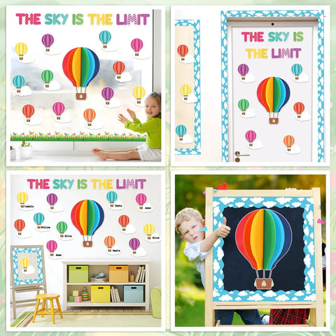 3D Hot Air Balloon Bulletin Board Set With Totally Colorful Name Tags For Back To School Classroom Decor Motivational The Sky Is The Limit Cutouts Cloud Borders And DIY Wall Art Kit displayed in various settings