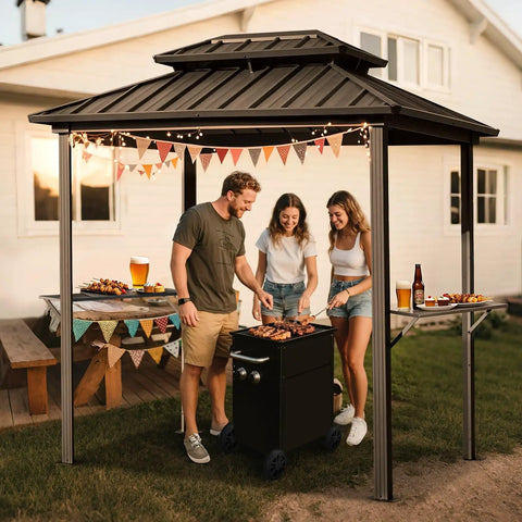 8x6 Grill Gazebo With Double Galvanized Steel Roof Hardtop Canopy Side Shelves And Ceiling Hook For Outdoor Patio Garden