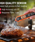 Hand using Digital Instant Read Meat Thermometer For Grilling And Kitchen Use, Waterproof with backlight on burger