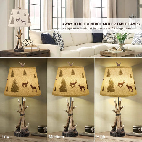 Deer Antler Table Lamps Set Of 2 3 Way Dimmable Touch Bedside Lamps for living room with forest shade pattern
