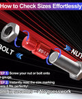 Diagram illustrating the use of a 50 Piece Thread Checker Kit For Nuts And Bolts With 27 SAE And 23 Metric Gauges In A Slim Foam Case.