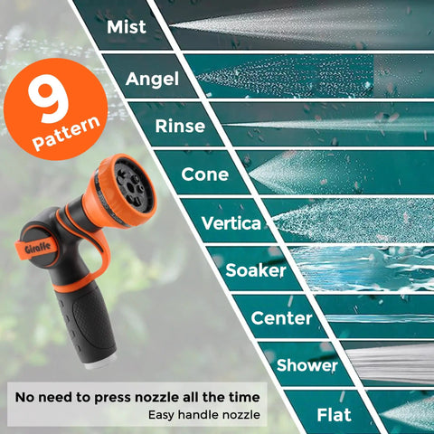 9 pattern spray nozzle of Retractable Garden Hose Reel With Auto Rewind And Any Length Lock 90 Ft Of 5/8 Inch Hybrid Hose Wall Mounted