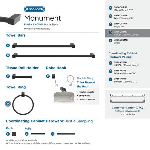 Towel Ring In Monument Matte Black, Six And A Half Inch Bath Hardware Upgrade For Modern Bathrooms details chart