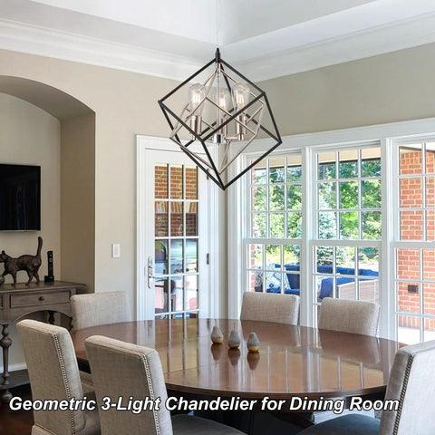 Geometric Black Chandelier With Chrome Finish Vintage Mid Century Modern 3 Light Farmhouse Ceiling Light Fixture For Dining Room
