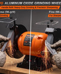 Ironclad 8 Inch Bench Grinder With A Beefy 750 Watt Motor Spinning At 3450 RPM For Sharpening Knives Chisels And Steel Stock Plus Adjustable Tool Rests And Splash Guards For The Garage showing dual aluminum oxide wheels.