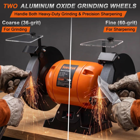 Ironclad 8 Inch Bench Grinder With A Beefy 750 Watt Motor Spinning At 3450 RPM For Sharpening Knives Chisels And Steel Stock Plus Adjustable Tool Rests And Splash Guards For The Garage showing dual aluminum oxide wheels.