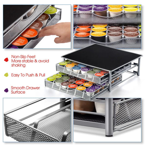 Two Tier Coffee Pod Drawer Organizer For Office And Kitchen, 72 Pod Capacity, showing sliding drawers with espresso pods