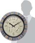 Inca II 18 Inch Outdoor Clock Thermometer Weather Station Combo All Weather Waterproof Large Wall Clock With Faux Stone Mosaic Frame shown against human silhouette for scale.