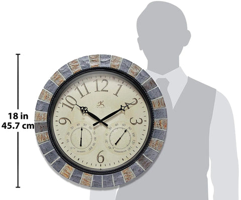 Inca II 18 Inch Outdoor Clock Thermometer Weather Station Combo All Weather Waterproof Large Wall Clock With Faux Stone Mosaic Frame shown against human silhouette for scale.