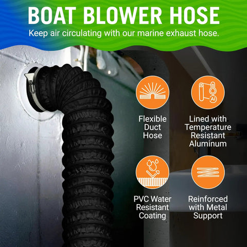 4 Inch Marine Exhaust Hose, 10 Ft Flexible PVC Duct for Bilge with metal reinforcement, installed in boat engine compartment