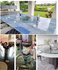 Collage showing Big 30 Inch Clear Glass Lazy Susan Turntable on dining tables and countertops, ideal for spices and condiments organization.