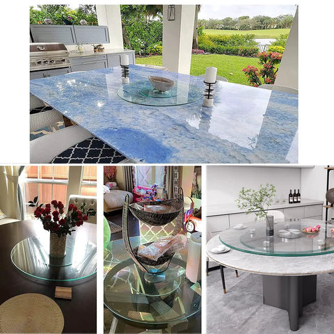 Collage showing Big 30 Inch Clear Glass Lazy Susan Turntable on dining tables and countertops, ideal for spices and condiments organization.